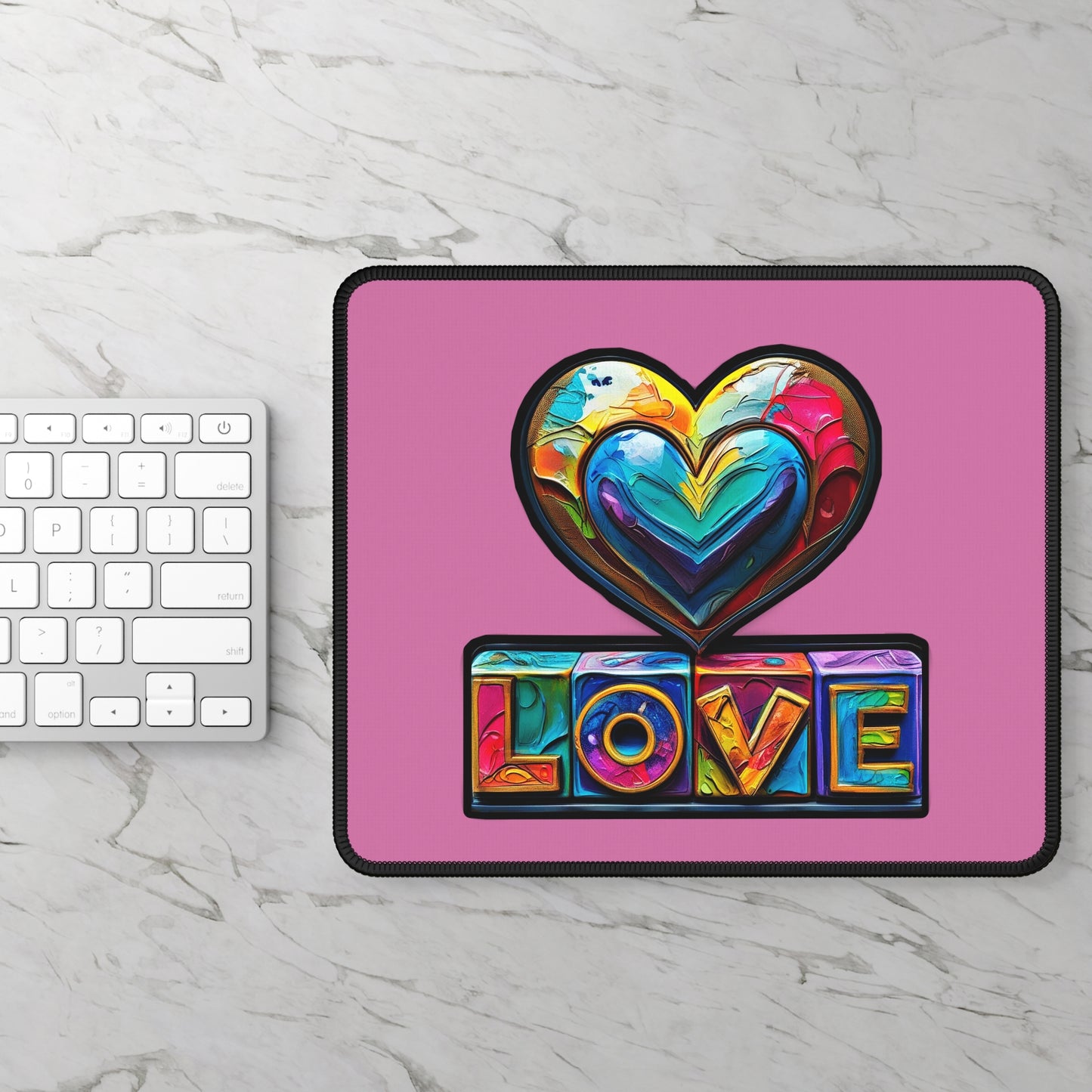 Gaming Mouse Pad — Colorful Heart ‘LOVE’ Design on Pink Background Printify