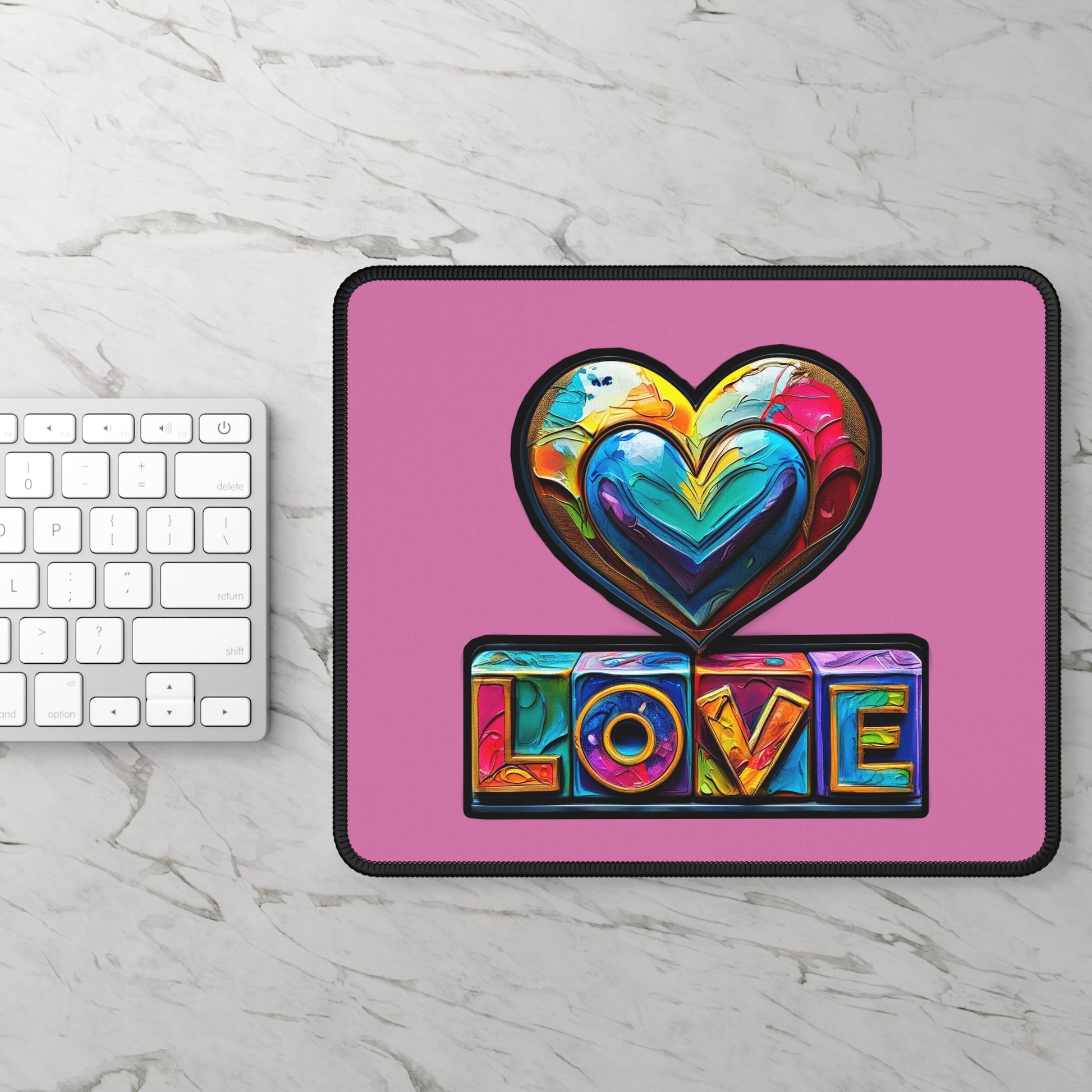 Gaming Mouse Pad — Colorful Heart ‘LOVE’ Design on Pink Background Printify