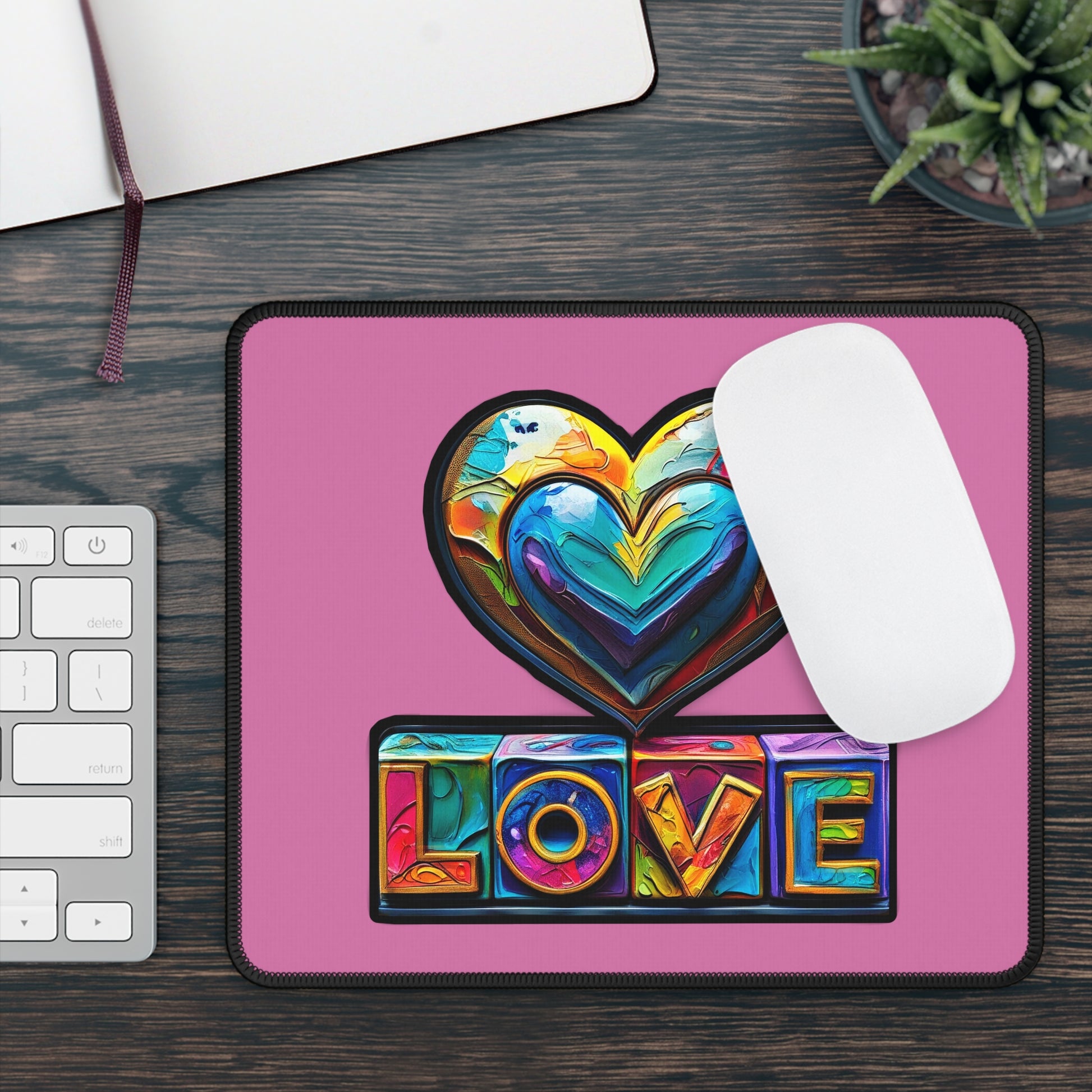 Gaming Mouse Pad — Colorful Heart ‘LOVE’ Design on Pink Background Printify
