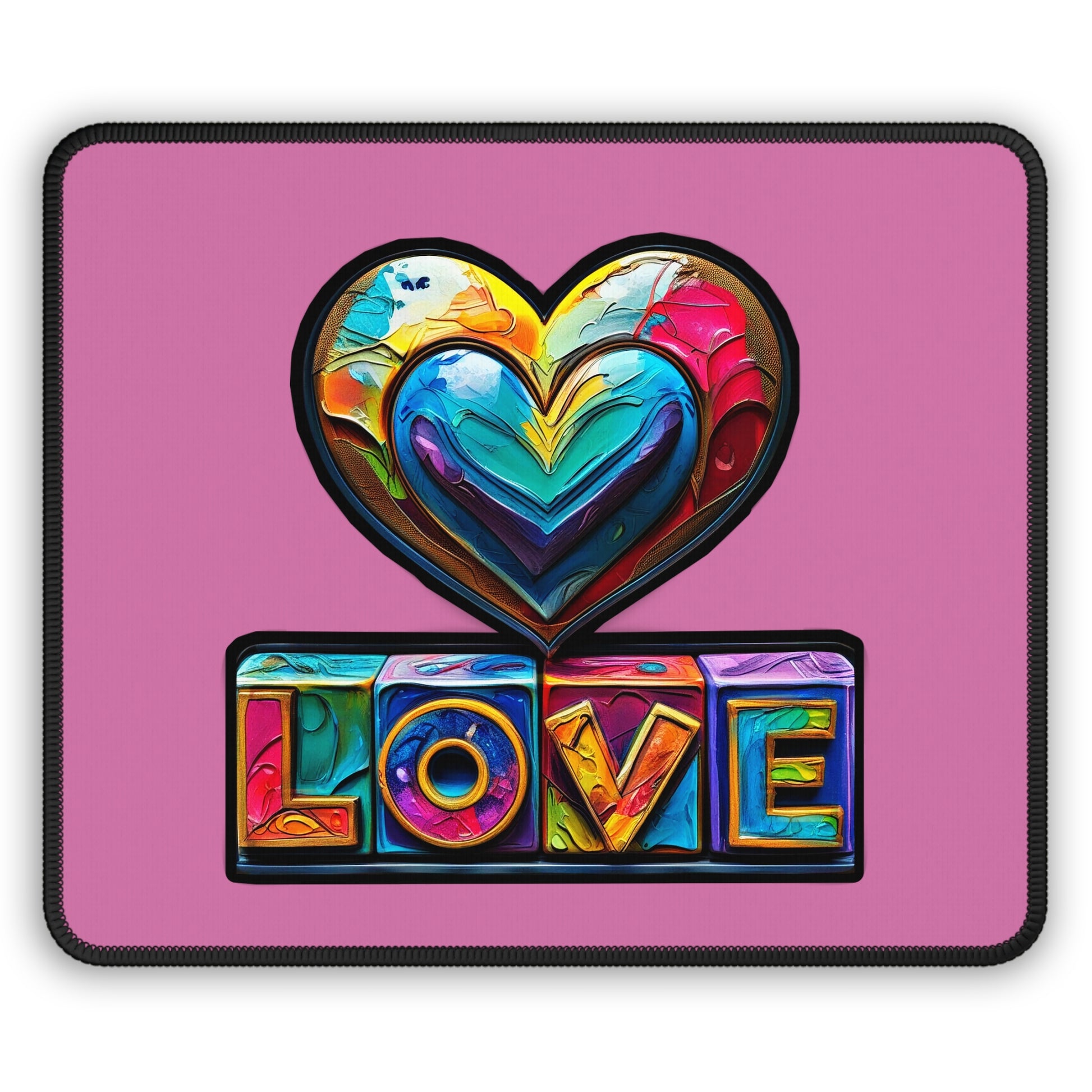 Gaming Mouse Pad — Colorful Heart ‘LOVE’ Design on Pink Background Printify